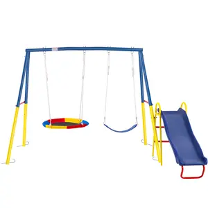 3-in-1 Black Metal Frame Outdoor Swing Set, Rectangular Backyard Playground with 32 Inch Saucer Swing, Belt Swing and Slide, ASTM F963 ASTM F1148 Certified Easy Assembly Kids Outdoor Play Equipment