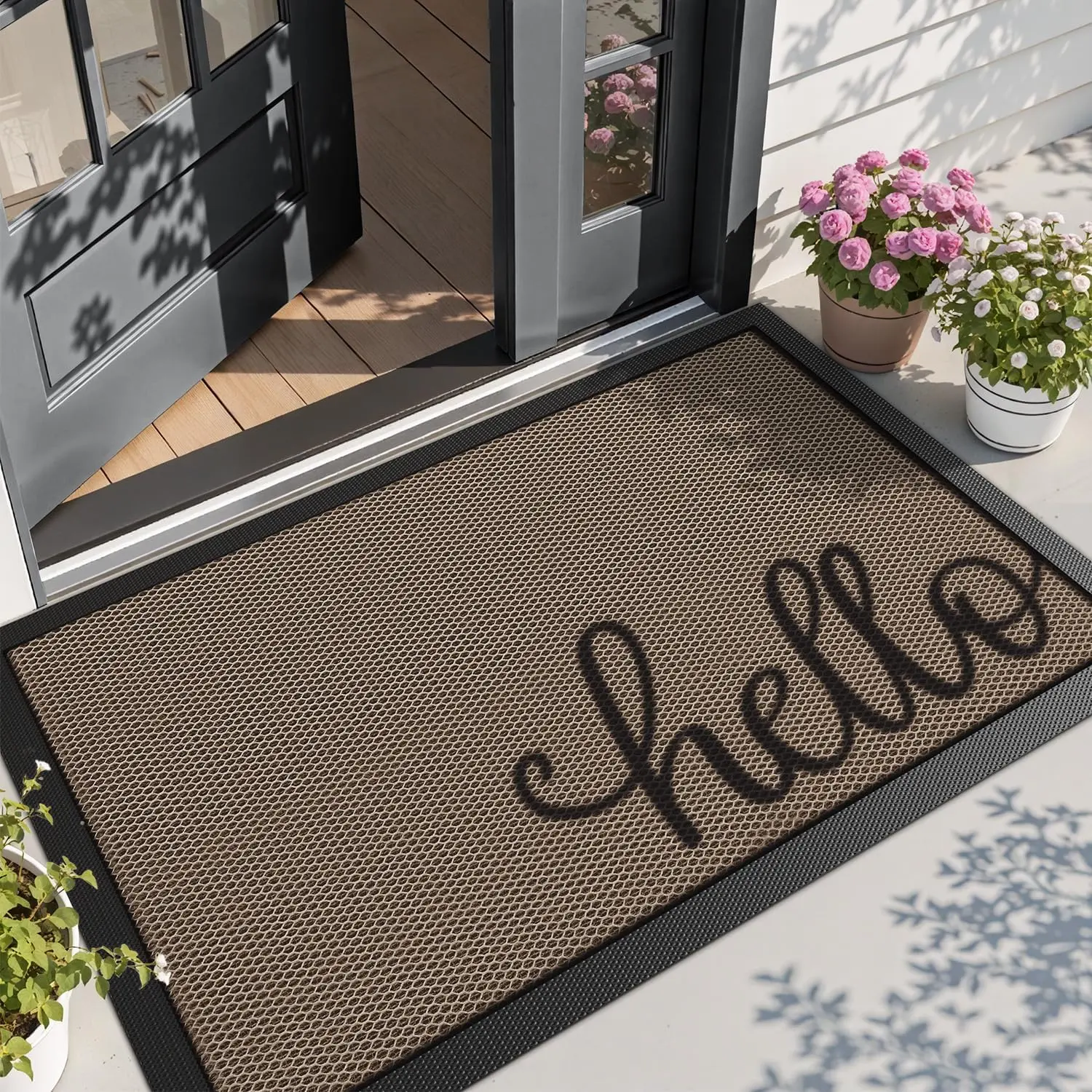LUMI Outside Welcome Door Mat 32x47, Non Slip Durable Rubber Entrance Doormat, Low Profile Easy Clean Mats for Front Back Door Entryway Porch Garage, Hello