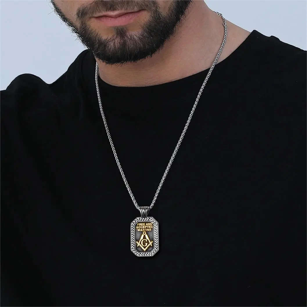 FaithHeart Unisex Dog Tag Chains Necklace, Stainless Steel Masonic Symbol Pendant with Adjustable Chain Length, Brotherhood Wear, Gift Necklace, Freemason, 22.3G, 50.3Mm