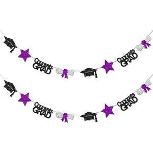 Black and Purple Congrats Grad Banner Graduation Decorations Class of 2025 Glitter  Grad Cap Certificate Bunting Garland for Graduation Party Supplies