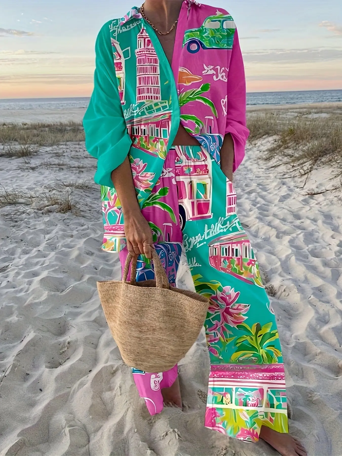 Women's Set Beach Vacation Boho Style Multi-Color Print Long Sleeve Shirt + Trousers Bohemian Womenswear Matching Clothing Set Summer Lounge Sets Casual Summer Set Matching Set Outfit