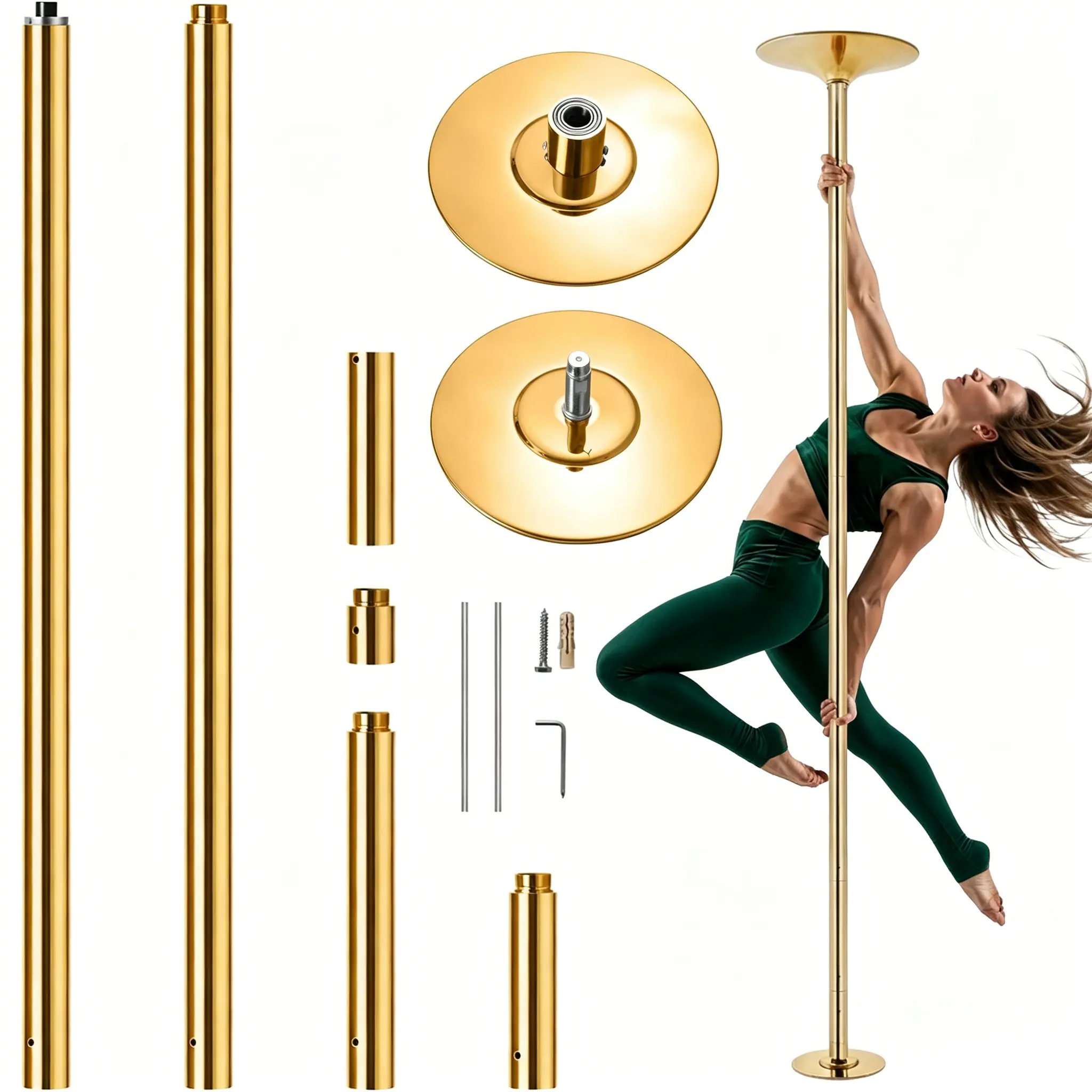 SAYGOGO Professional Pole Fitness Training Dance Pole Kit - Heavy-Duty Steel, Height-Adjustable, Removable Base, Portable Setup, Spinning-Static Dual Modes, for Home, Studio Use, Height Range