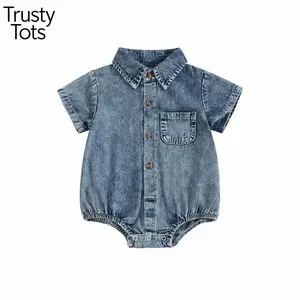 Trusty Tots  Infant Boys Girls Denim Romper Solid Color Short Sleeve Turn-Down Collar Baby Jumpsuits Summer Buttons Casual Bodysuits