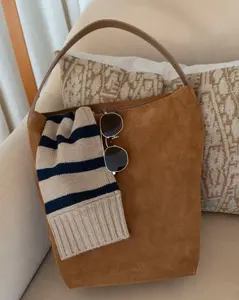COGNAC SUEDE BUCKET BAG WITH POUCH