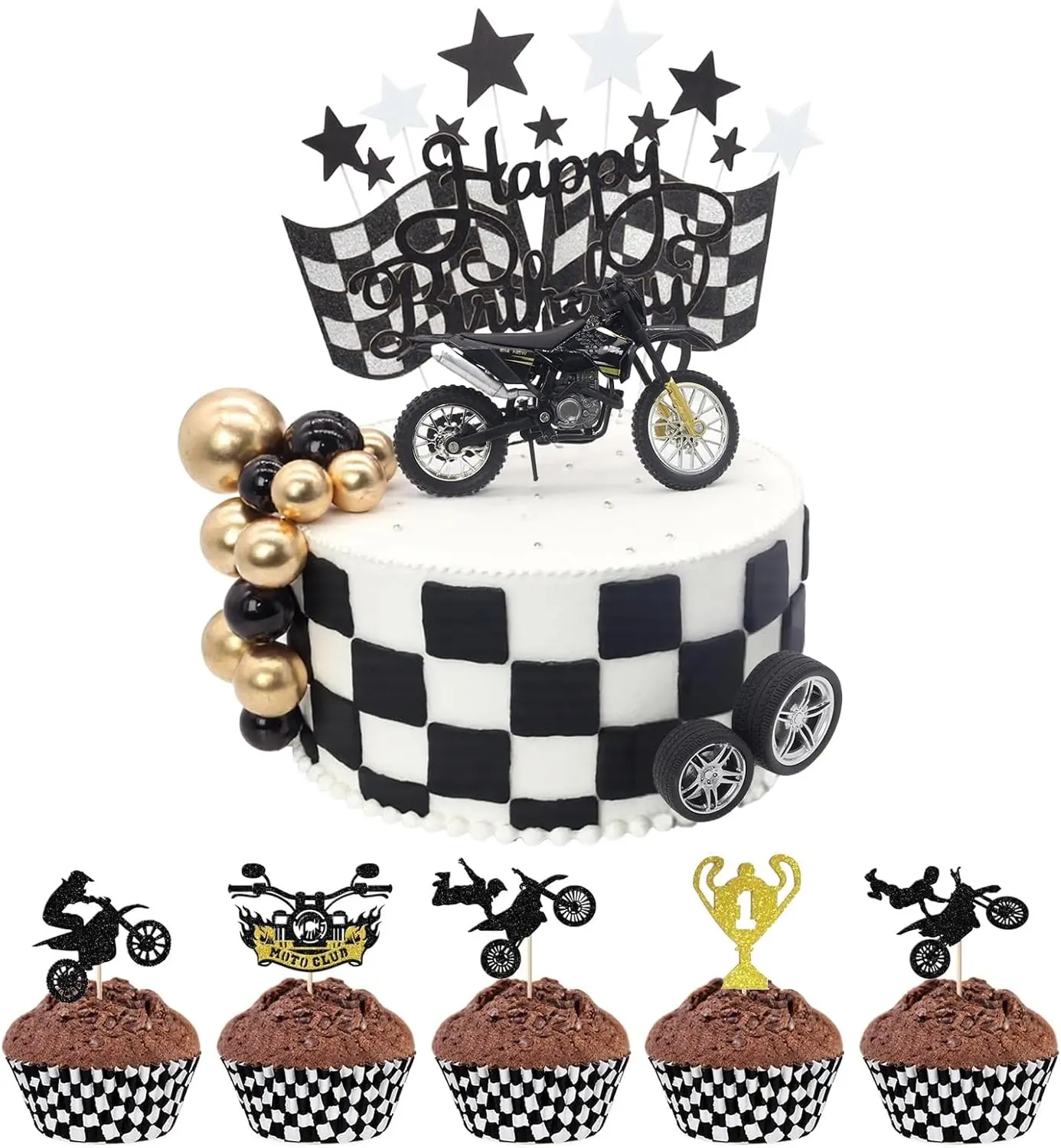 BiBo Dirt Bike Cake Topper, 31 PCS Motorcycle Birthday Party Decorations, Dirtbike Cupcake Toppers for Motocross Race Car Theme Birthday Party Decor Supplies (Black)