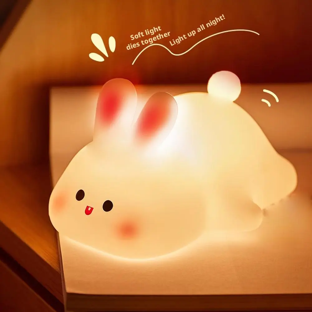 Cute Big Face Rabbit Silicone Night Light - Touch Sensor LED Lamp With Timer-Rechargeable Tap Control LED Lamp For Kids Bedroom