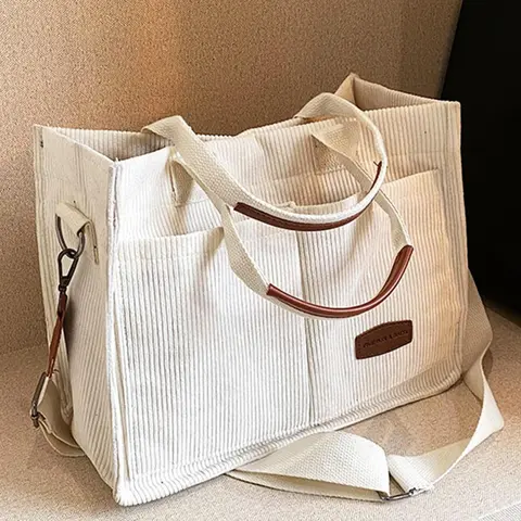 Women's Casual Minimalist Corduroy Tote Bag, Letter Patch Decor Shoulder Bag for Daily Used, Casual Trendy Versatile High-quality Daily Commuting Bag, Girl Fashionable Shopping Bag, Casual Commuter Bag
