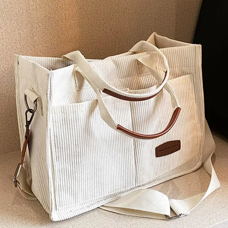 Women's Casual Minimalist Corduroy Tote Bag, Letter Patch Decor Shoulder Bag for Daily Used, Casual Trendy Versatile High-quality Daily Commuting Bag, Girl Fashionable Shopping Bag, Casual Commuter Bag