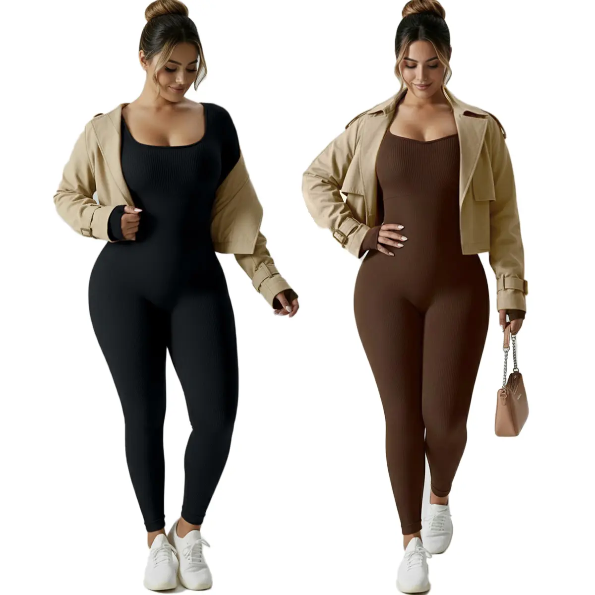 Women's Sporty Ribbed Stretch Nylon Knit Jumpsuit - Solid Long Sleeve Zip-Up Activewear for Yoga, Gym Workouts, Athletic Training Apparel