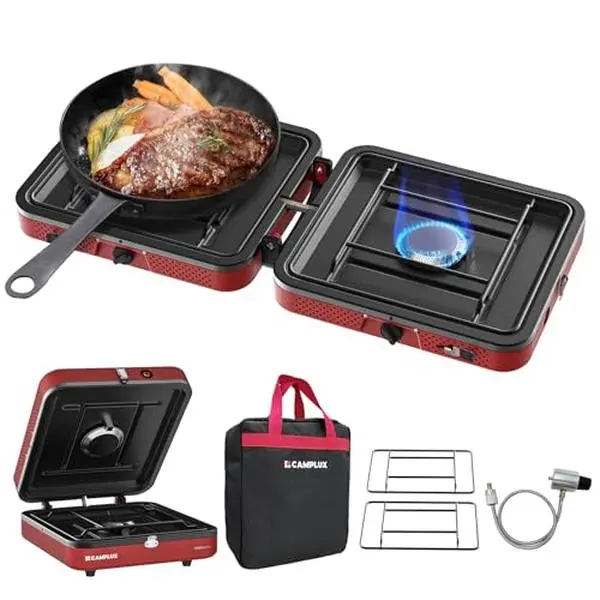 CAMPLUX Camping Stove, Foldable Cold-Rolled Steel 2-Burner Cooker, 17,200 BTU with Piezo Ignition, Portable Camping Kitchenware for RV and Picnics, Includes Carry Bag, Outdoor Camping Equipment