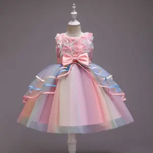 Elegant Princess Dress for Girls Flower Pageant Princess Party Tulle Dress Children's Birthday Cosplay Unicorn Rainbow Dress Halloween Party Costume for Kids 4 to 10 Years