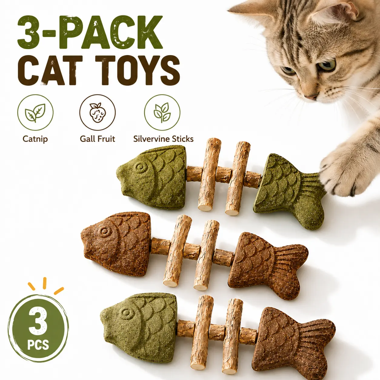 QUBIXPAW 3-Pack Catnip & Silvervine Fishbone Cat Chew Toys, Gall Fruit Interactive Toys for Indoor Cats and Kittens