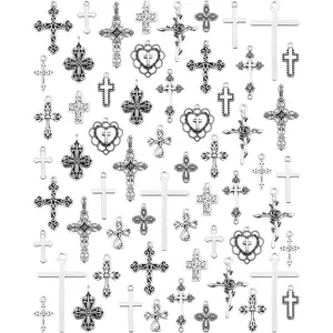 X-BY120 60 x Cross Charm Pendants - 60 Pcs Antique Silver Alloy Crucifix Connectors with Beads, 15 Styles for Unisex Jewelry Making (Religion, Graphic, Durability & Reliability, Resist Deformation)