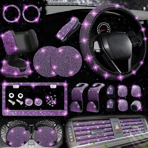 26-Piece Glitter Car Accessories Set, Universal Steering Wheel Cover 15 Inches, Flashing License Plate Frame, Phone Holder, Cup Mat