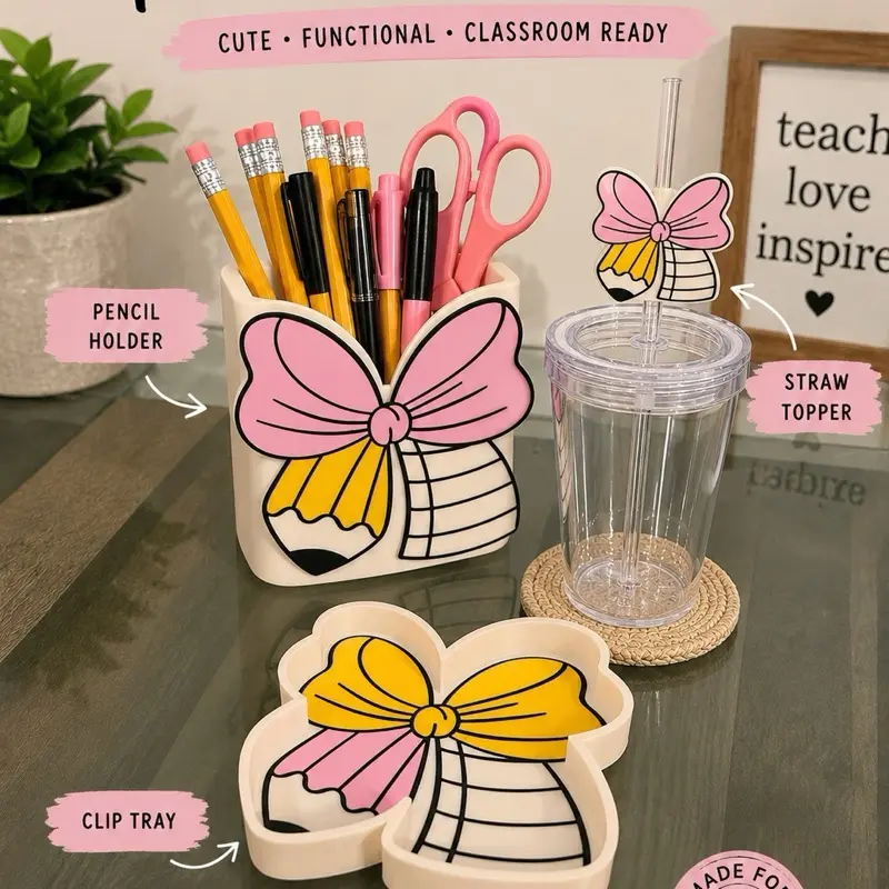 Teacher Desk Organizer Set - Pencil Holder, Paper Clip Tray, Pencil Straw Topper
