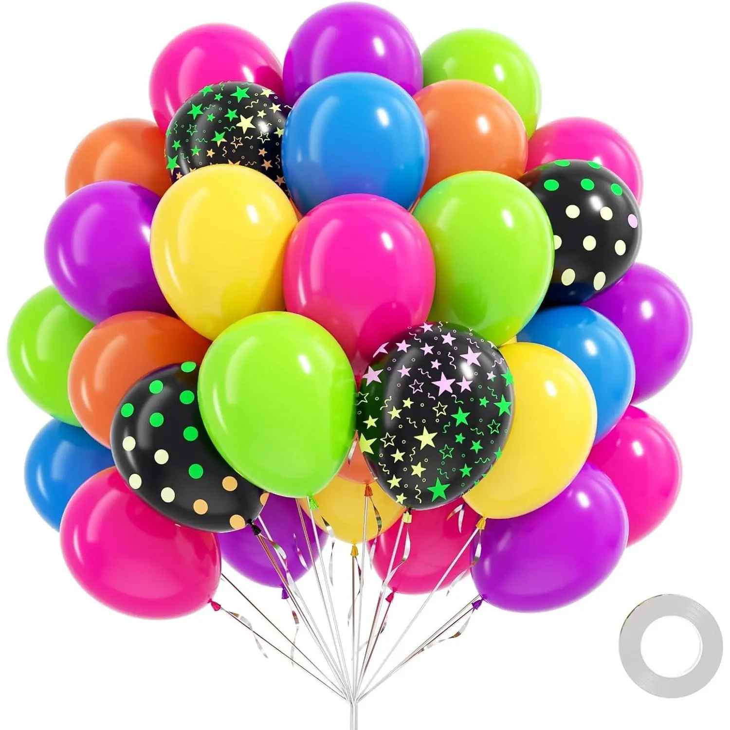 Neon Latex Balloon Garland Kit - 60pcs 12in Blow Up Balloons with Pump, Curling Ribbon, Neon Colors (Yellow-Hot Pink-Lime Green-Orange-Blue-Purple) for 80s-90s Birthday Party Decorations