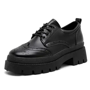 Women's Black Platform Brogue Oxford Shoes, Chunky Thick Sole Lace-Up Casual Dress Shoes, Comfortable Non-slip Gothic School Uniform Shoes, Versatile Preppy Style Work Office Shoes for Daily Wear