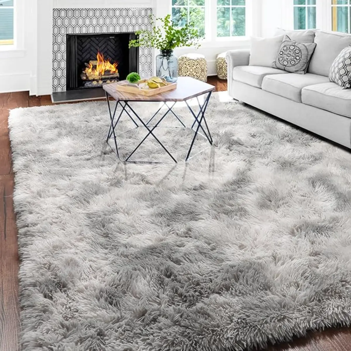 4x6 ft Fluffy Tie-Dye Grey Area Rug - Soft Shaggy Plush Home Decor Carpet, Decorative Furry Throw for Bedroom, Living Room, Home Decor Rug, Decorative Rug