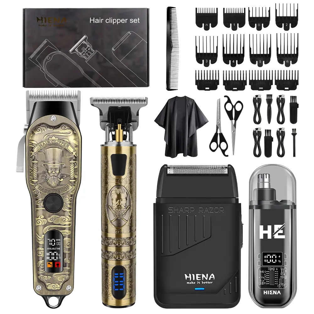 Men's Vintage 4-Piece Hair Clipper Set - Metal Body with Classic Gentleman Pattern Engraving, USB-C Charger, Rechargeable Batteries, Push Button Operation, Travel Size, All-in-One for Hair, Beard, Shaving & Face Grooming, Stylish Distinguished Choice