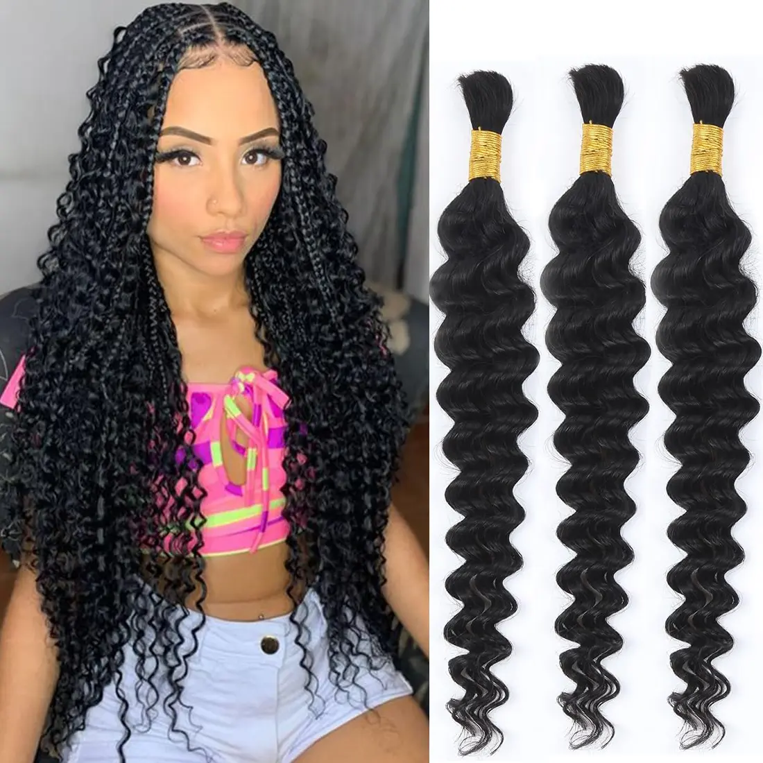 100 Percent Human Boho Braiding Hair Deep Wave Curly 12A Bulk Bundles Human Hair 100g Wet and Wavy for Boho Braids Human Hair Extensions for Braiding Human Supplies No Weft 1 Bundles