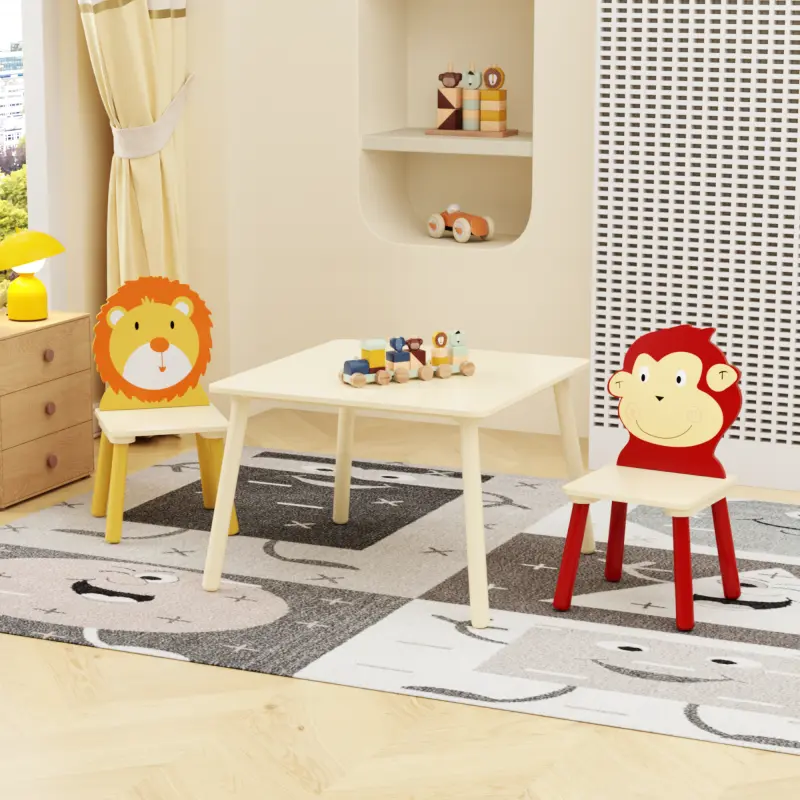 Bellemave 3-Piece Kids Wooden Activity Play Furniture Set - Toddler Table with 2 Chairs, Modern Lion & Monkey Design, MDF & Pine Construction, for Nursery, Indoor Use