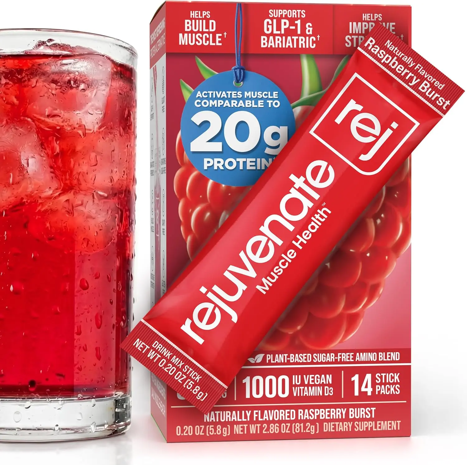 Comparable to 20g Protein, Only 5 Calories, Sugar-Free, Dairy-Free, 1,000 IU Vitamin D3 for Muscle Support, Essential Amino Acids EAA+BCAA Drink Mix Stick Packs, Perfect Alternative to Whey Protein, Clear Protein & Protein Powder, Rejuvenate Muscle Health