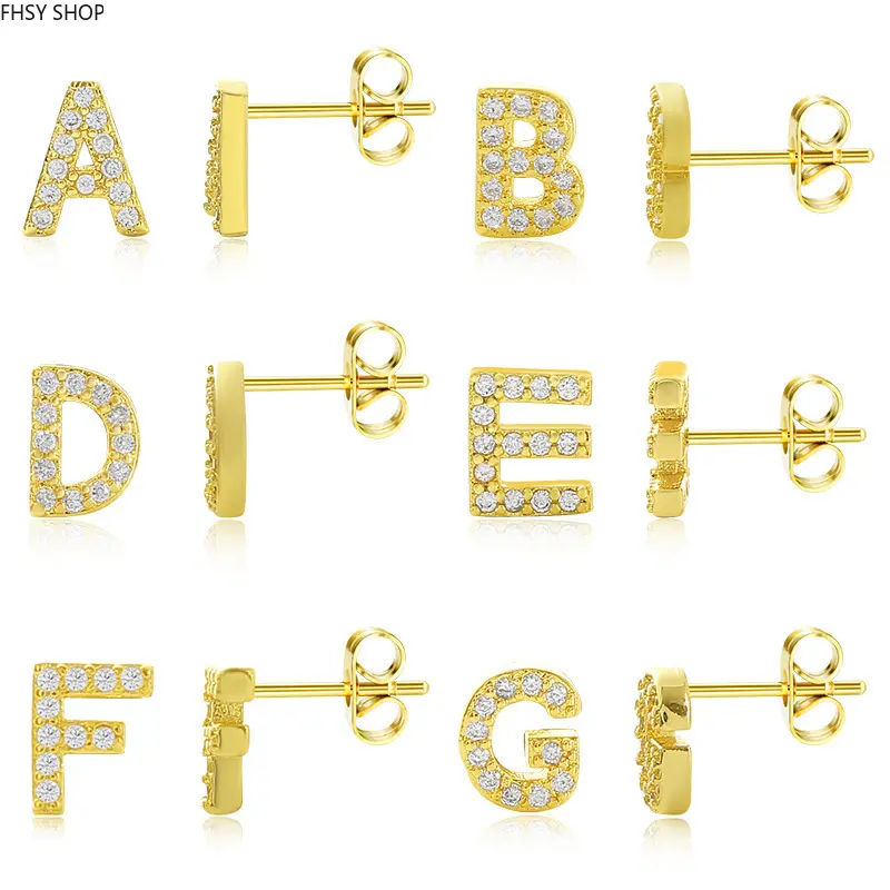 FHSY SHOP 14K Gold Plated Initial Stud Earrings A-G Crystal Letter Earrings for Women, Everyday Wear, and Personalized Style