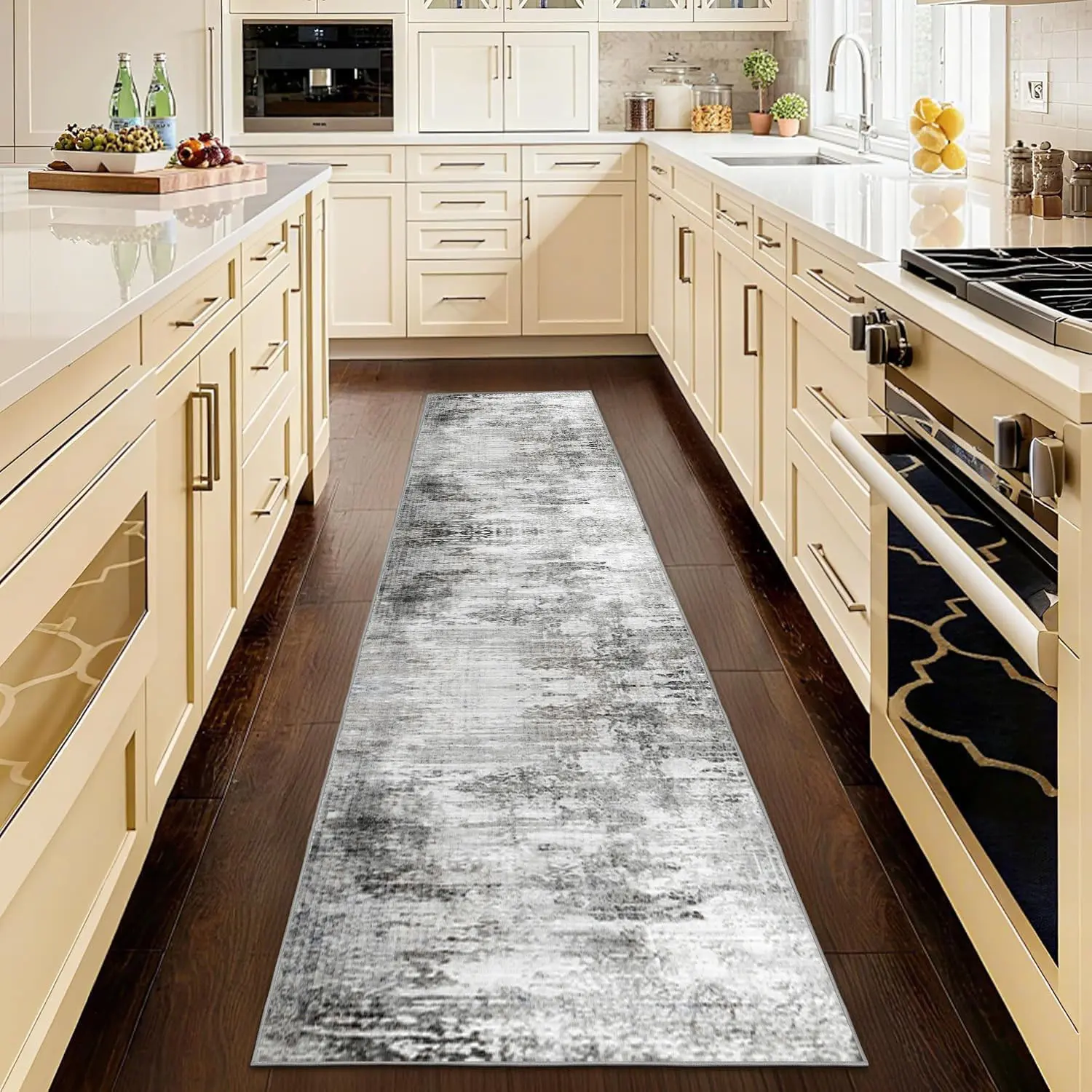 2'x8' Indoor Soft Polyester Abstract Styled Runner Rug - Stain Resistant, Non-Slip, Machine Washable for Hallway, Kitchen, Entryway (Grey)