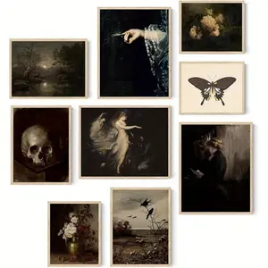9pcs 8*10inch Frameless Dark Academia Room Decor Wall Art Prints Vintage Aesthetic Goth Victorian Ladies Floral Antique Gallery Wall Decor Wall Art Decoration for Home Living Room Bedroom