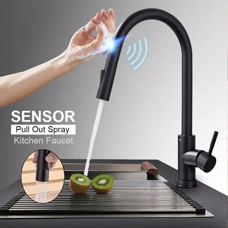 SUS 304 Stainless Steel Black Touchless Kitchen Faucet - Motion Activated, Touch Control Single Handle, 2-Function Ceramic Brass Mixer Tap with Pull-Out Attachment for Kitchen Sinks, Chrome Finished