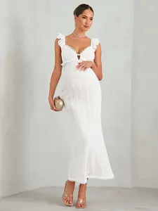 LAMIKA White Crochet Textured Bare Shoulder Hollow Back Pregnancy Frock Wedding Guest Outfit Fairycore