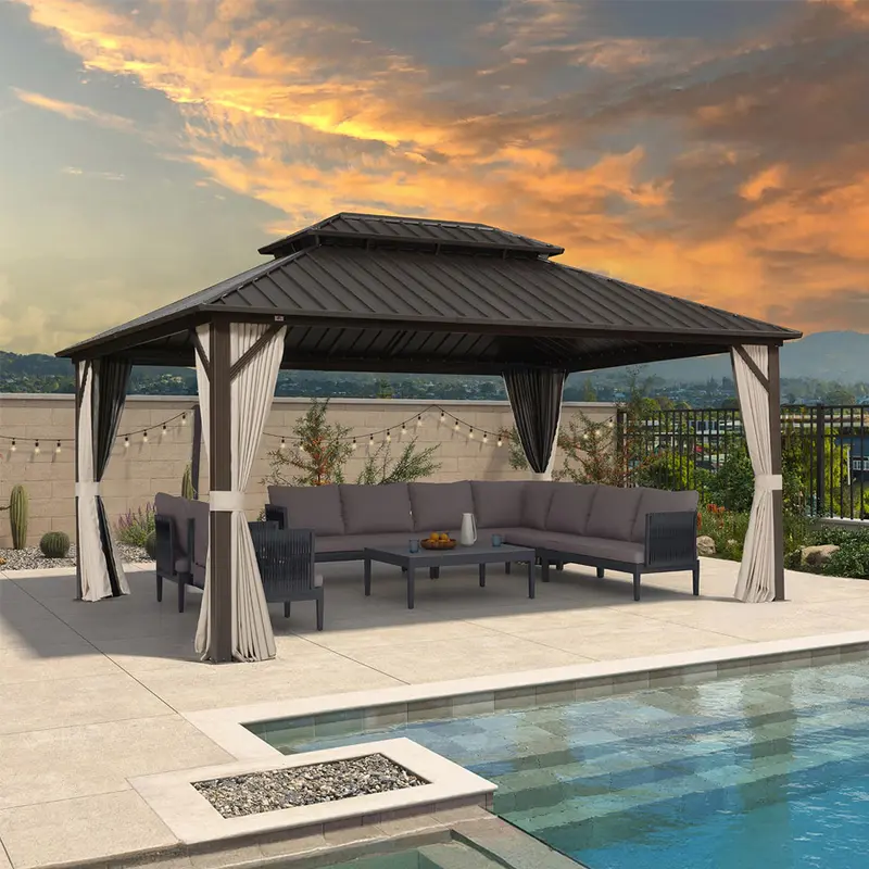 PURPLE LEAF Outdoor Hardtop Gazebo Bronze Metal Frame Galvanized Steel Double Roof with Curtains and Netting for Patio Desk Backyard