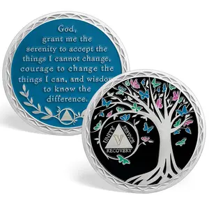 1-5 Year Sobriety Coin - Colorful Tree of Life Recovery Medallion with Serenity Prayer, Butterfly Design, Inspirational Adult Decor for 12 Step Meetings, Room Decor Statue, Milestone Gift & Daily Reminder