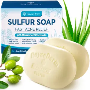 Roycederm Sulfur Soap (2 Bars) - Gentle Salicylic Acid Cleanser for Acne Relief, Sensitive & Blemish-Prone Skin, Face & Body Wash with 10% Volcanic Sulfur, Tea Tree Oil & Aloe Skin Care