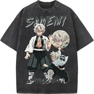 Anime Demon Slayer Shinazugawa Sanemi Printing T-shirt Men Vintage Washed Tshirts Casual Cotton T Shirt Harajuku Male Tops