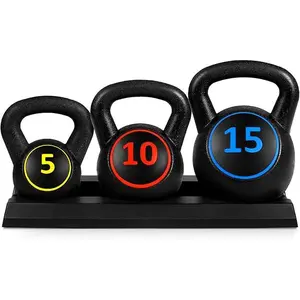 3-Piece Kettlebell Exercise Fitness Weight Set with Storage Rack, 5 10 15lbs