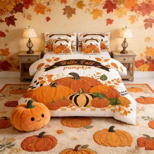 Hello Fall Kids Comforter Set,7pcs,Cute Pumpkins Leaf Bed Set for Boys Girl,Autumn Harvest Theme Bedding with 1 Comforter,1 Fitted Sheet,1 Flat Sheet,2 Pillowcases,2 Throw Pillow Cover