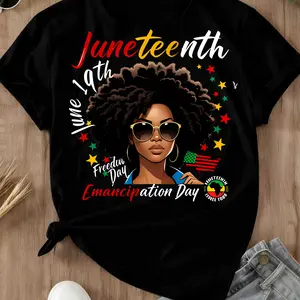 Juneteenth Freedom Day Emancipation Day Short-Sleeve Round Neck T-Shirt, Afro Woman With Flag And Stars Print, Casual Loose-Fit Sports Top For Everyday & Outdoor Wear, Women's Clothes