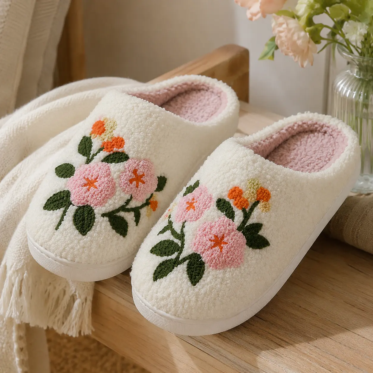 Comfortable Home Cotton Slippers with Cute Colorful Flowers for Men Women Warm Indoor Winter Footwear Flipflop