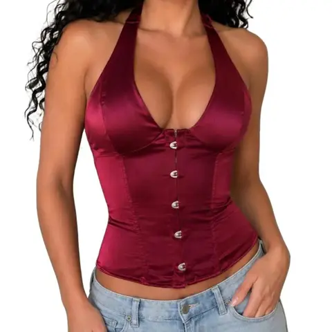 ApperlothA Women's Halter Corset Top, Flattering for Fuller Busts, Deep V Neck, Front Buckle Closure, Back Lace-Up, Perfect for Club Looks, Date Nights, Birthday Outfits #Summervibes
