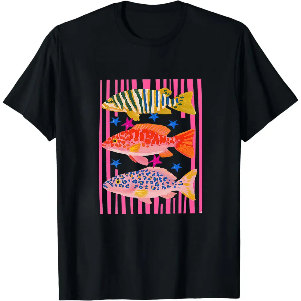 Women's European-American Loose Fit Sublimated Art Preppy Fish T-Shirt, Cotton Summer Vacation Tee, Colorful Maximalist Funny Beach Top, Gift for Her
