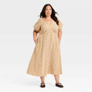 Women's Puff Short Sleeve Midi Sundress - Universal Thread Tan Floral 1X