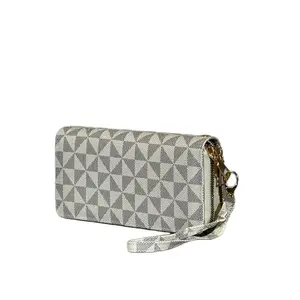 Woman's Water Resistant Solid Color Wallet with Geometric Pattern and Wrist Strap