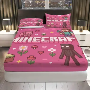 3Pcs Pixelated Game Character Flower Heart Fitted Sheet Three Piece Set (1*Fitted Sheet+2*Pillowcases, Coreless), Birthday theme, Minecraft Design Bedding Set, Mattress protector Soft, Breathable