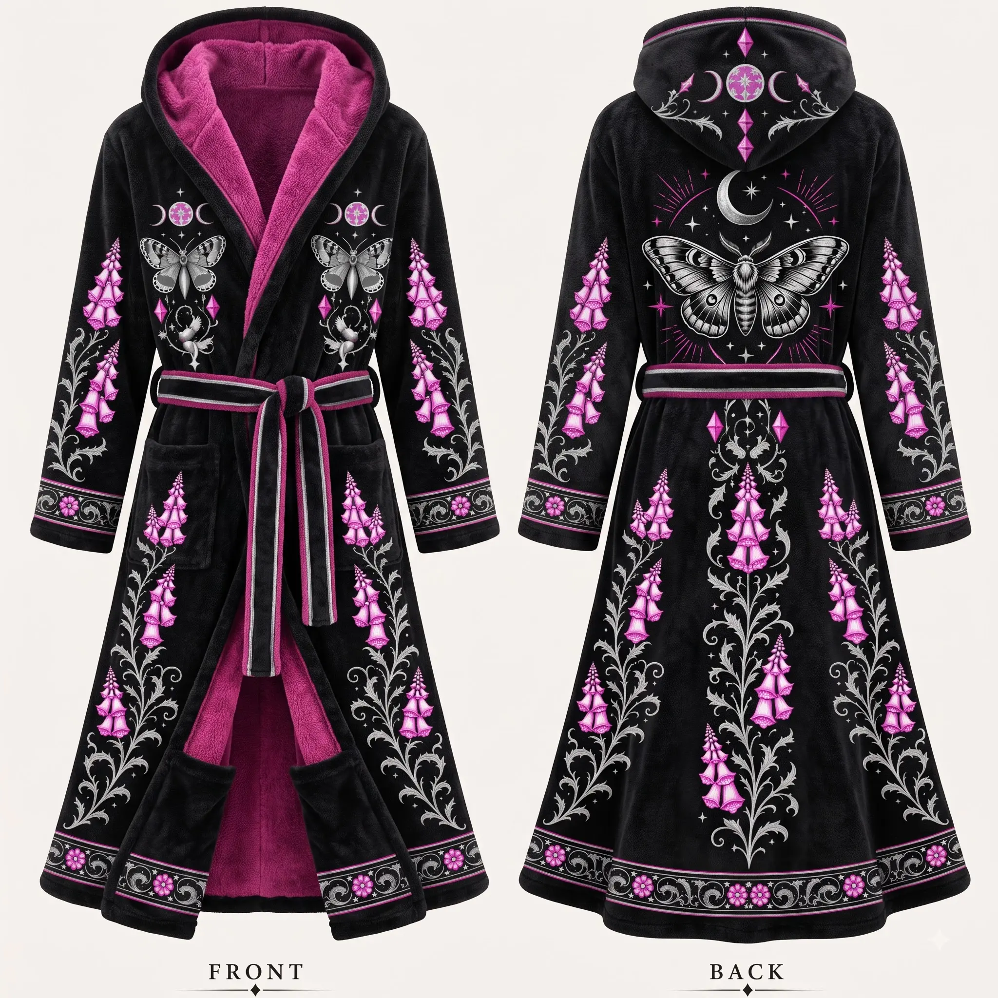 Gothic Flannel Robe, Hooded Witchy Fleece Bathrobe, Warm Flannel Loungewear, Dark Cottagecore Nightwear, Halloween Gift