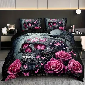 3pcs bedding printed duvet cover set, Gothic skull rose pattern, polyester printed duvet cover set without padding suitable for bedrooms, hotels, inns, Valentine's Day gifts, school dormitories (1 * duvet cover+2 pillowcases without core)
