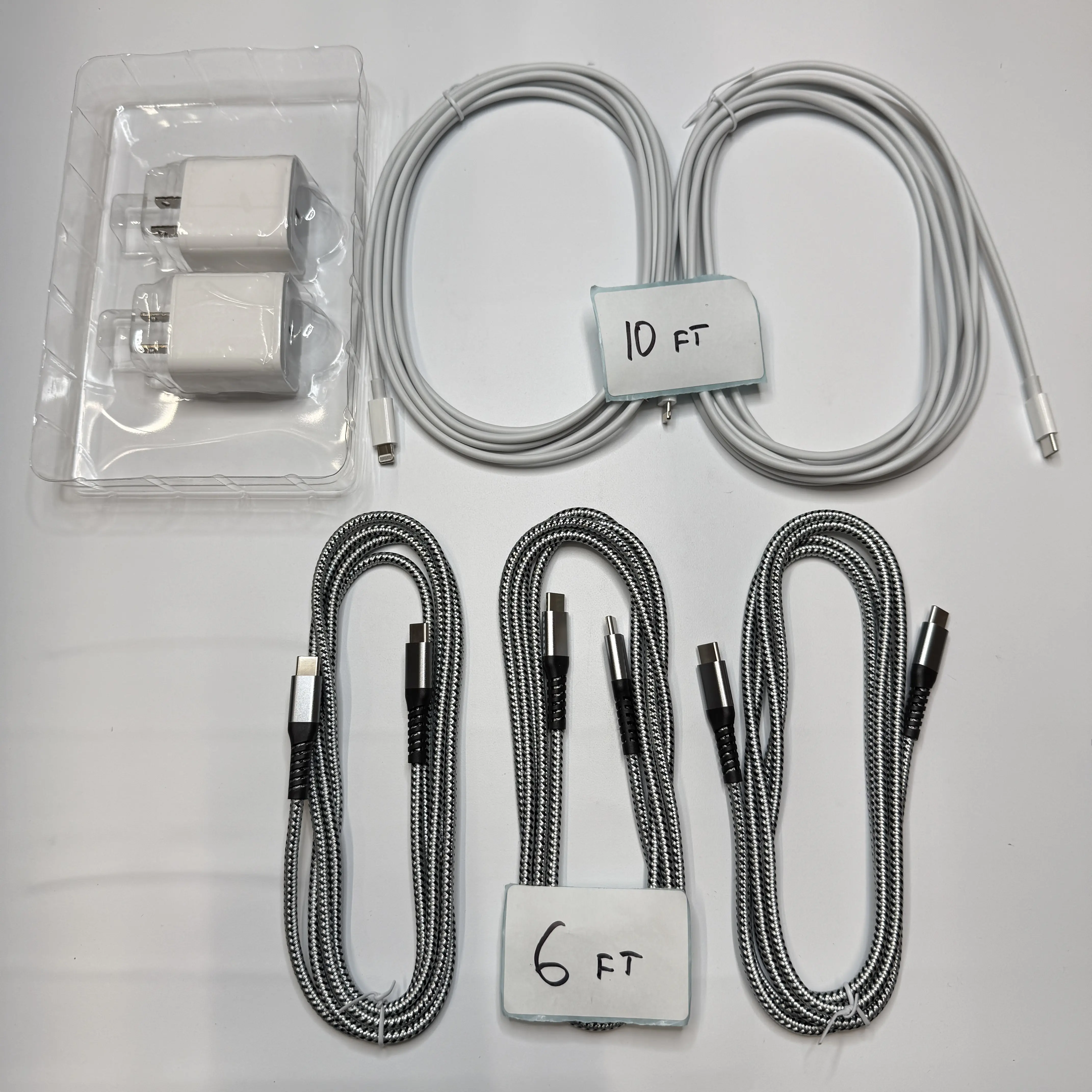 Set of 7 - 5 USB-C to USB-C/Lightning Charging Cables 6ft 10ft, 2 Wall Adapters