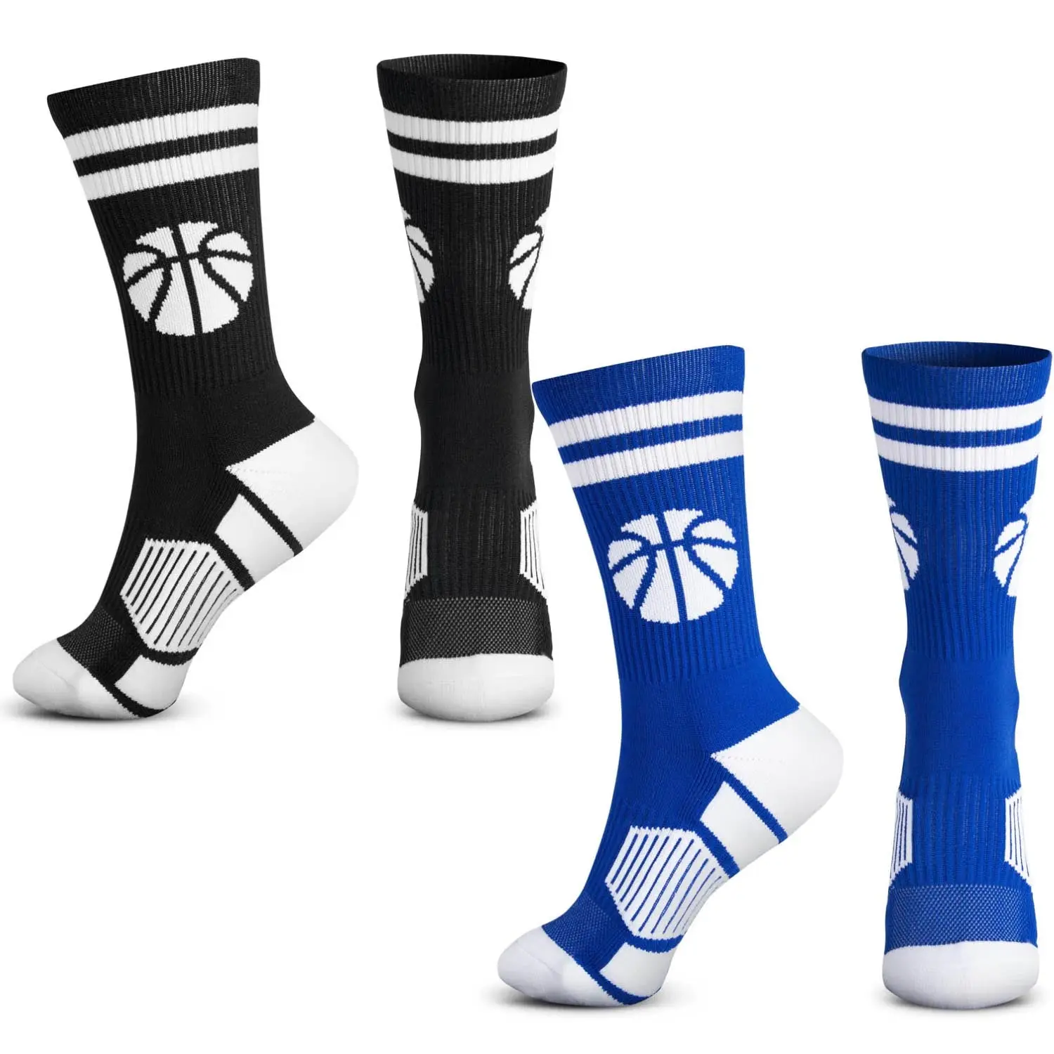 Basketball Woven Mid-Calf Crew Socks Set - Sports Athletic Socks, Double Dribble Design, Crewsocks