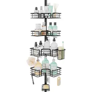 Shower Caddy Tension Pole-4-Tier Corner Shower Organizer Tension Rod with Soap Holder, Toothbrush Holder & 4 Hooks, Adjustable Stainless Steel Bathroom Organizer 27.6 to 108.3 inch, Black
