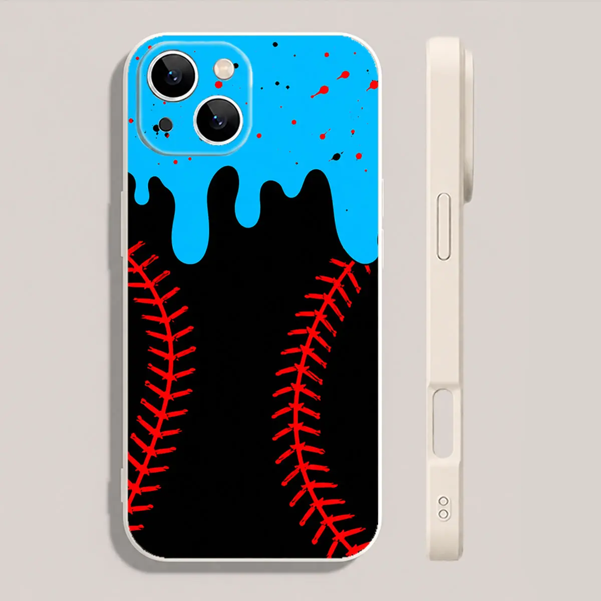 Neon Blue Drip Baseball Stitch Silicone Shell Smartphone Case - Water Resistant, Black Bumper, Fits iOS iPhone Series 17,16,15,14,13,12,11,X Plus Pro Max - Baseball Player Gift